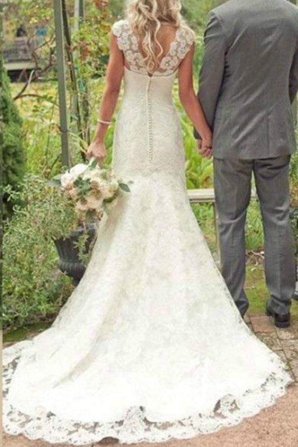 Trumpet/Mermaid Court Train Lace Country Wedding Dress WD138 by pgmdress