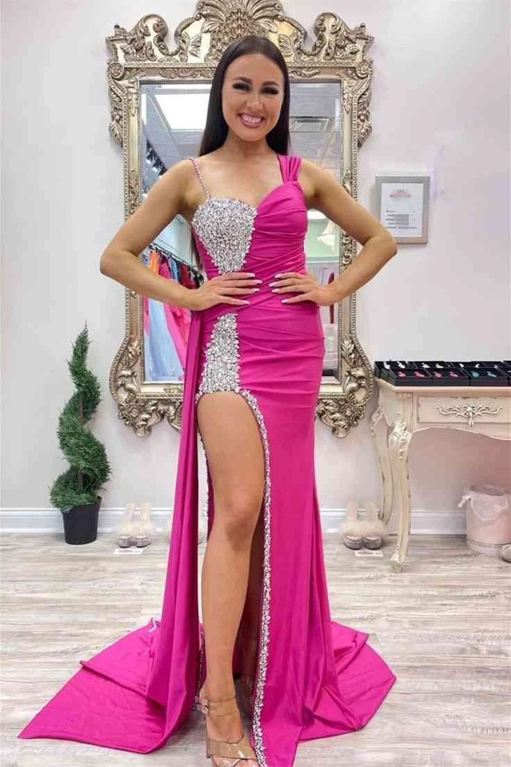 Kaydence | Chic Asymmertrical Fuchsia Beaded Long Porm Dress by KissProm