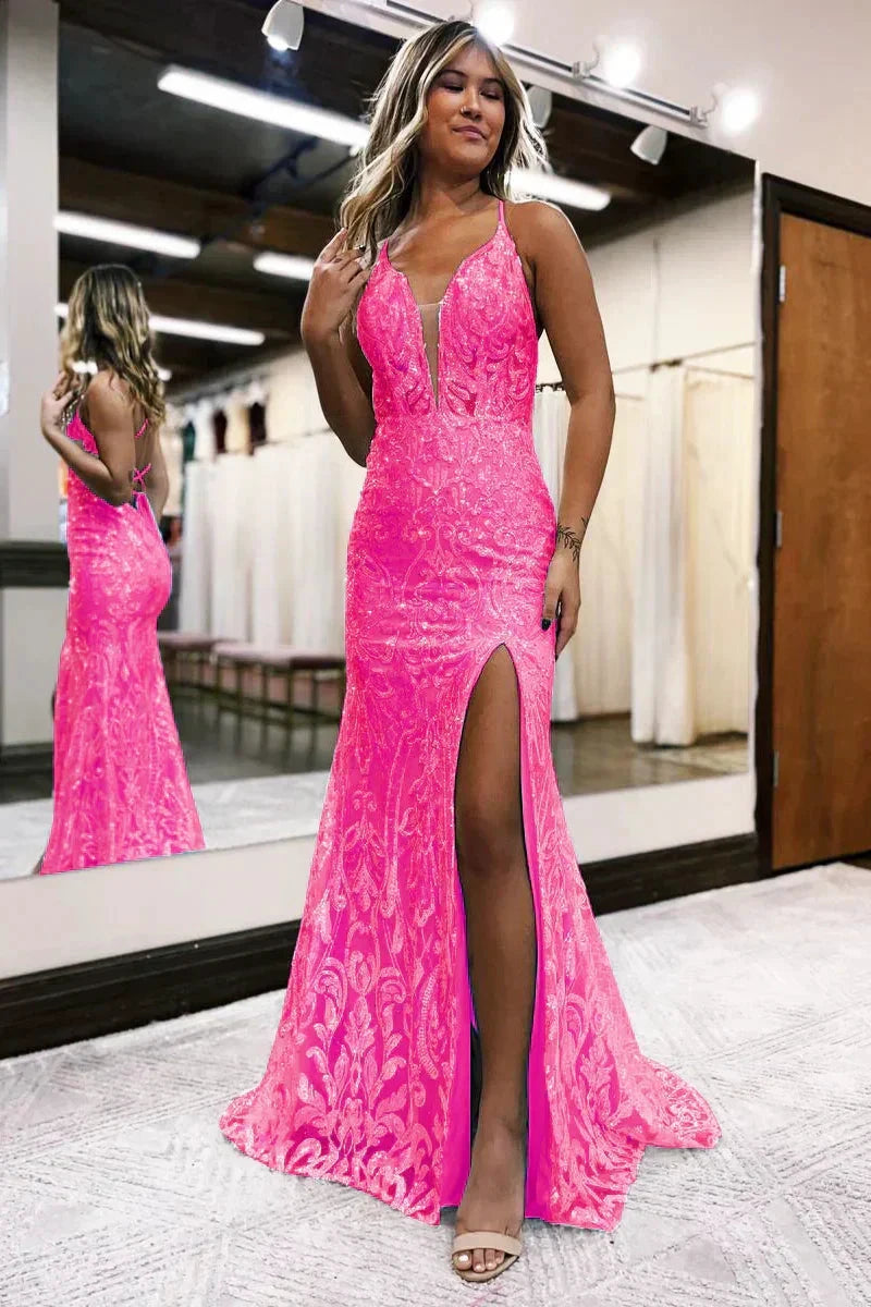 Hot Pink Sparkly Prom Dress With Slit Sequin Lace Dress by vivymakudress