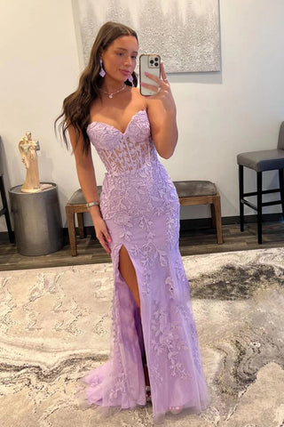 Nyomi | Vestido de fiesta de sirena sin tirantes con corsé de encaje y abertura