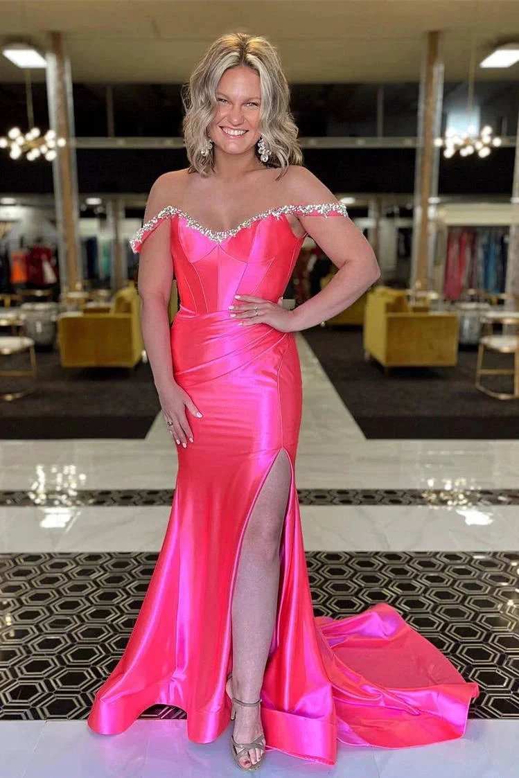 Bellamy | Mermaid V Neck Red Satin Slit Prom Dress with Beading by KissProm