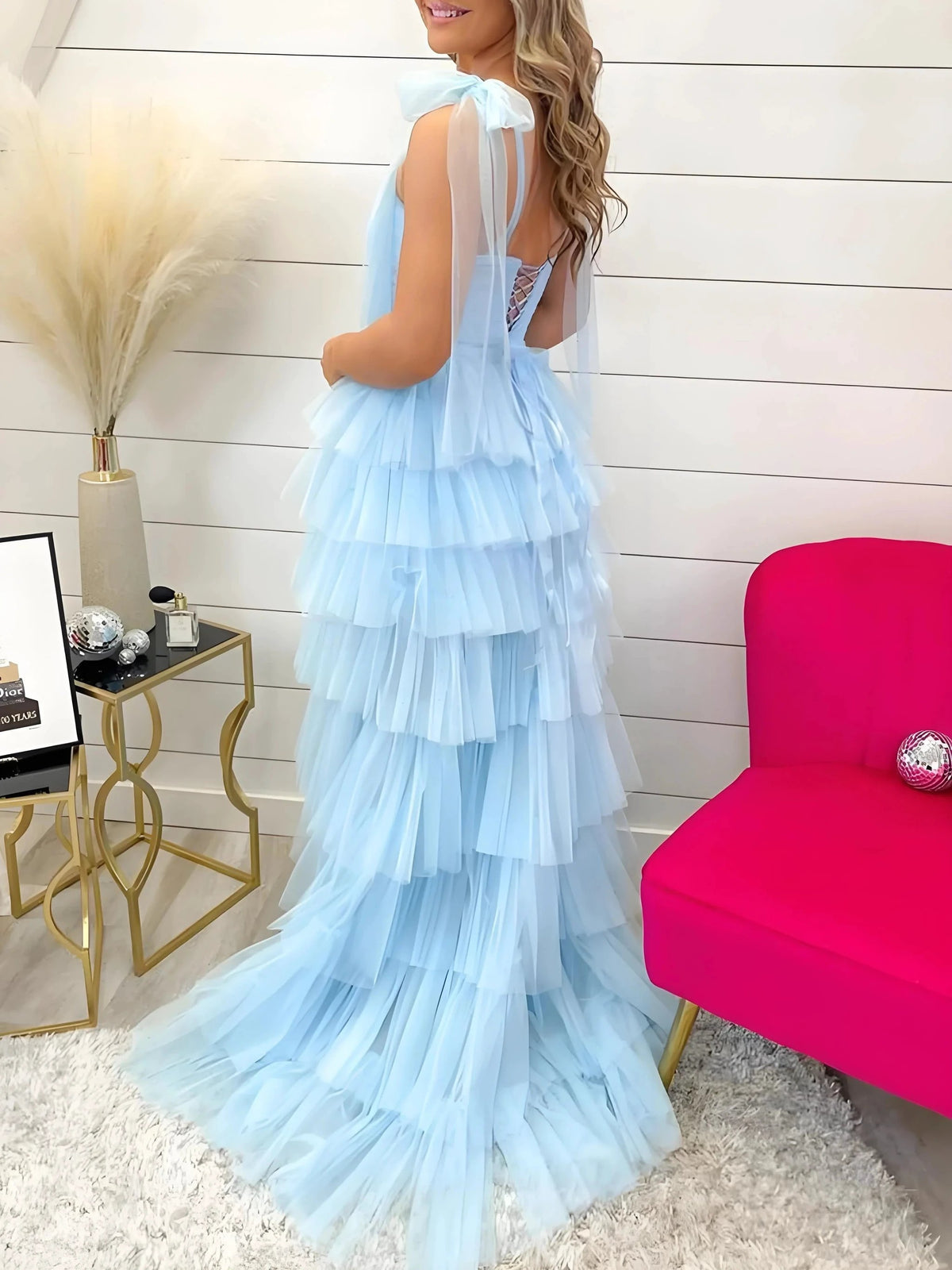 Houda | Light Blue Pleated Ruffle Prom Dress with Bow Tie Straps by KissProm