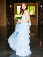 Houda | Light Blue Pleated Ruffle Prom Dress with Bow Tie Straps by KissProm