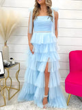 Houda | Light Blue Pleated Ruffle Prom Dress with Bow Tie Straps by KissProm