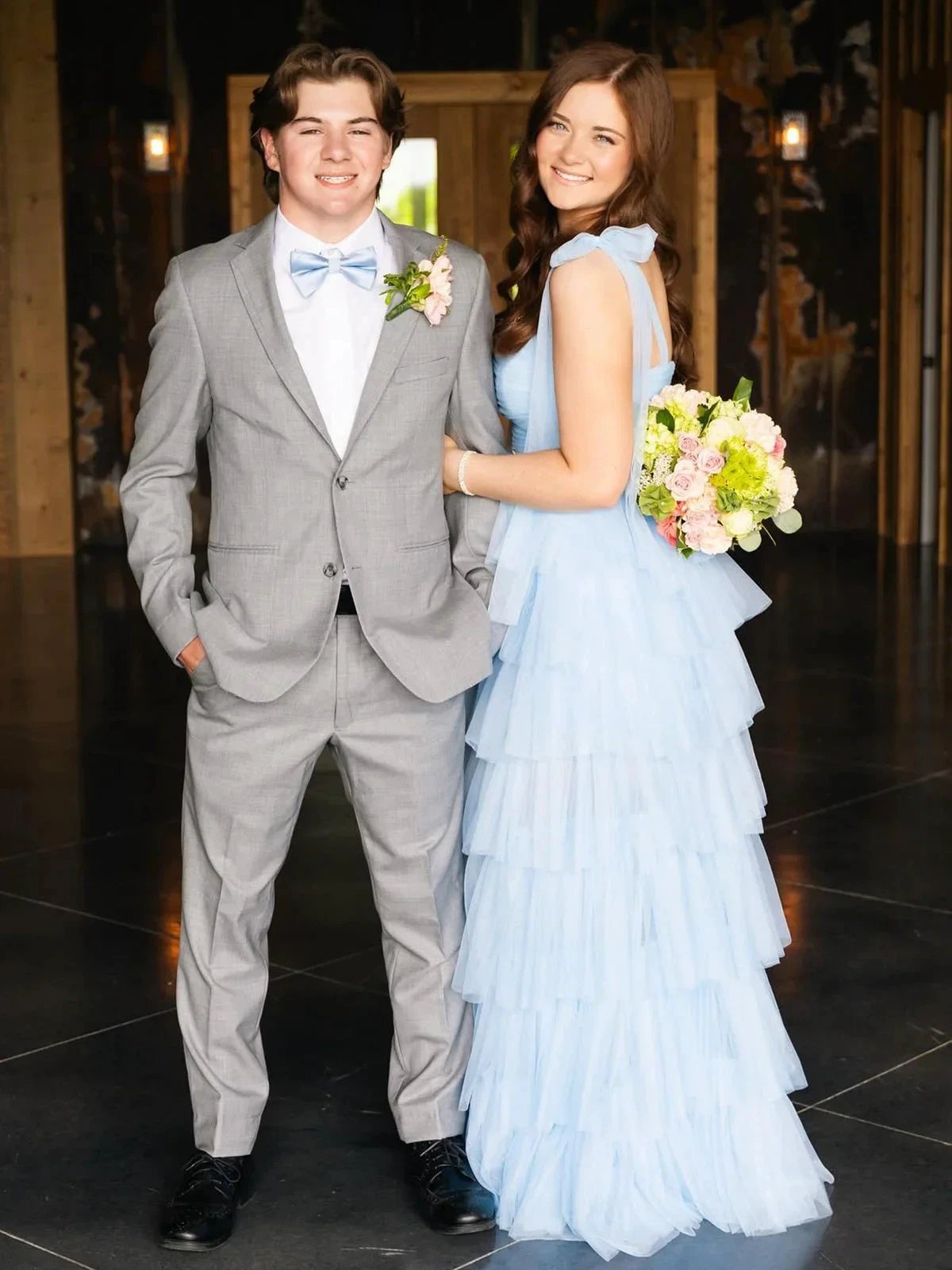 Houda | Light Blue Pleated Ruffle Prom Dress with Bow Tie Straps by KissProm