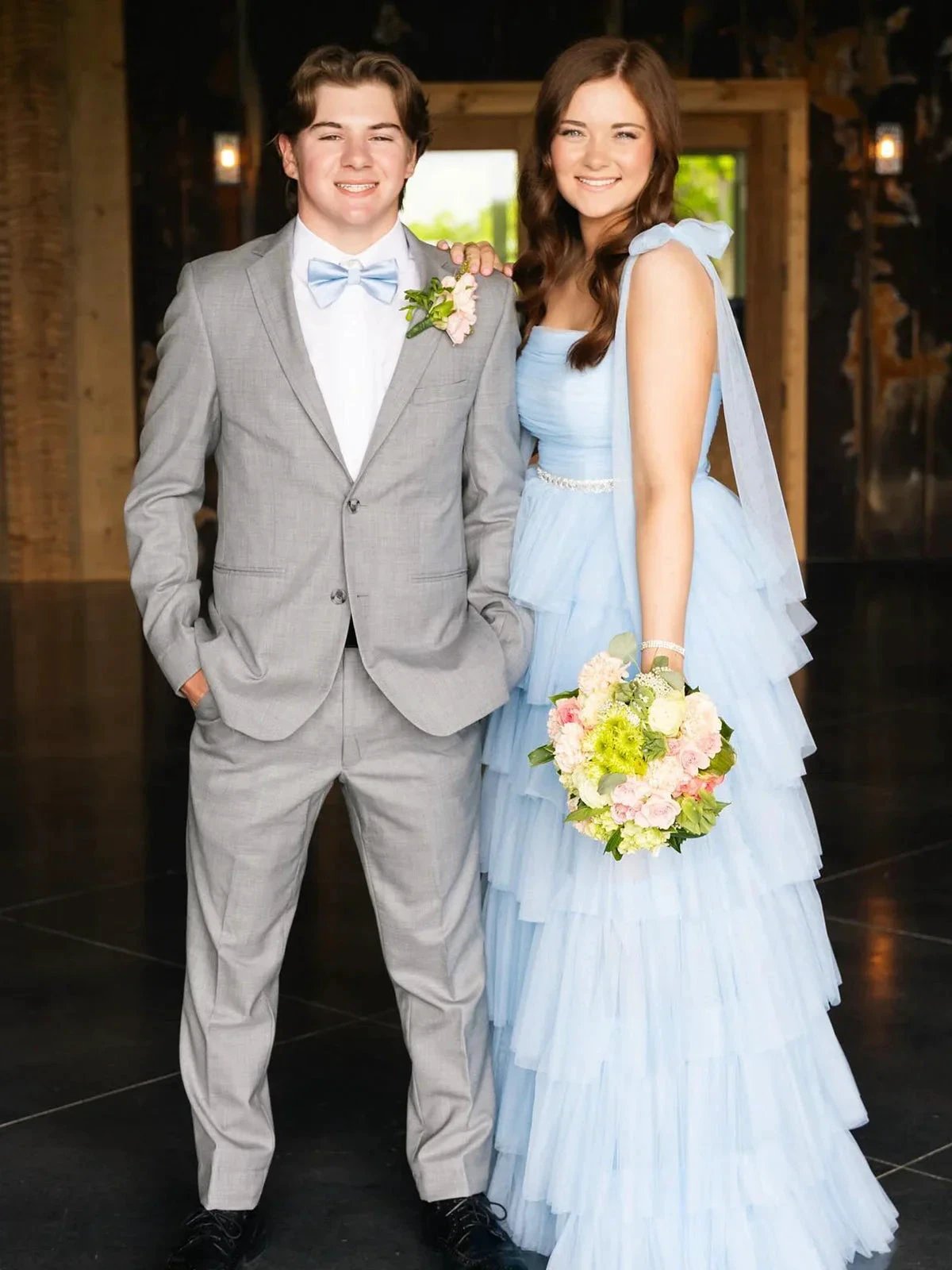 Houda | Light Blue Pleated Ruffle Prom Dress with Bow Tie Straps by KissProm