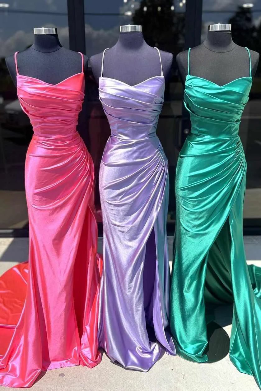 Hudson | Fuchsia Spaghetti Straps Mermaid Satin Slit Prom Dresses by KissProm