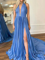 Idelisa | A-Line Halter Backless Pleated Blue Chiffon Long Prom Dresses by KissProm