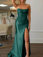 Idra | Emerald Green Beaded Strapless Applique Formal Dress with Slit by KissProm
