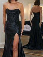Idra | Emerald Green Beaded Strapless Applique Formal Dress with Slit by KissProm