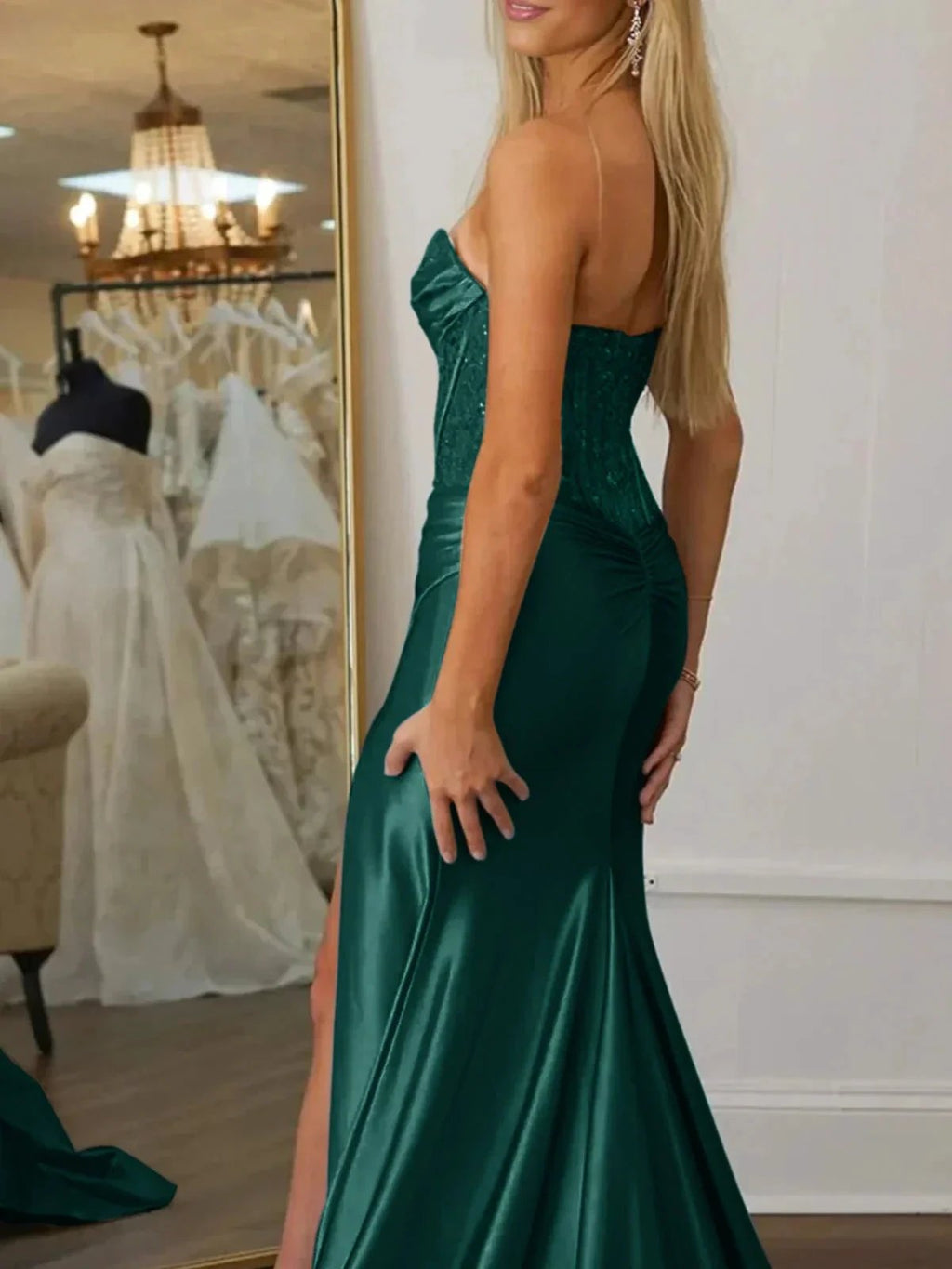 Idra | Emerald Green Beaded Strapless Applique Formal Dress with Slit by KissProm