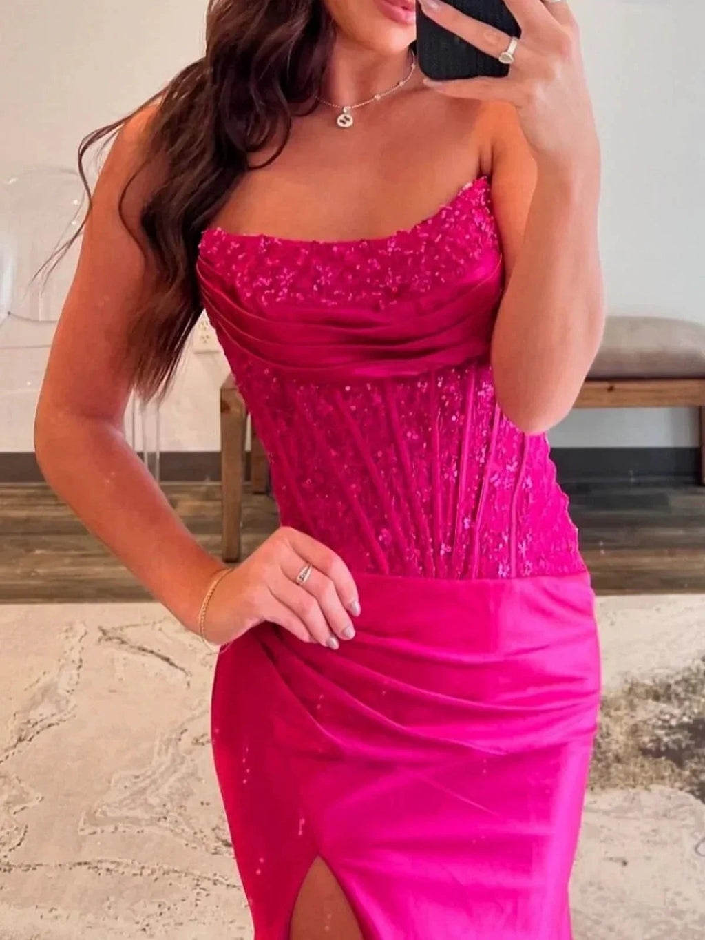 Idra | Emerald Green Beaded Strapless Applique Formal Dress with Slit by KissProm