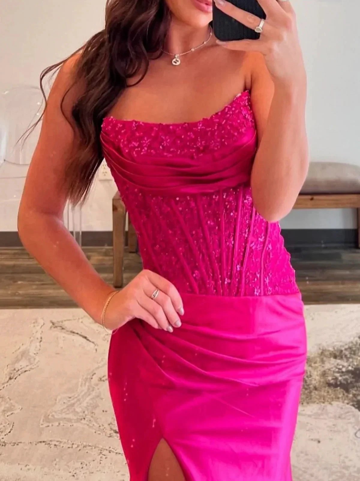 Idra | Emerald Green Beaded Strapless Applique Formal Dress with Slit by KissProm