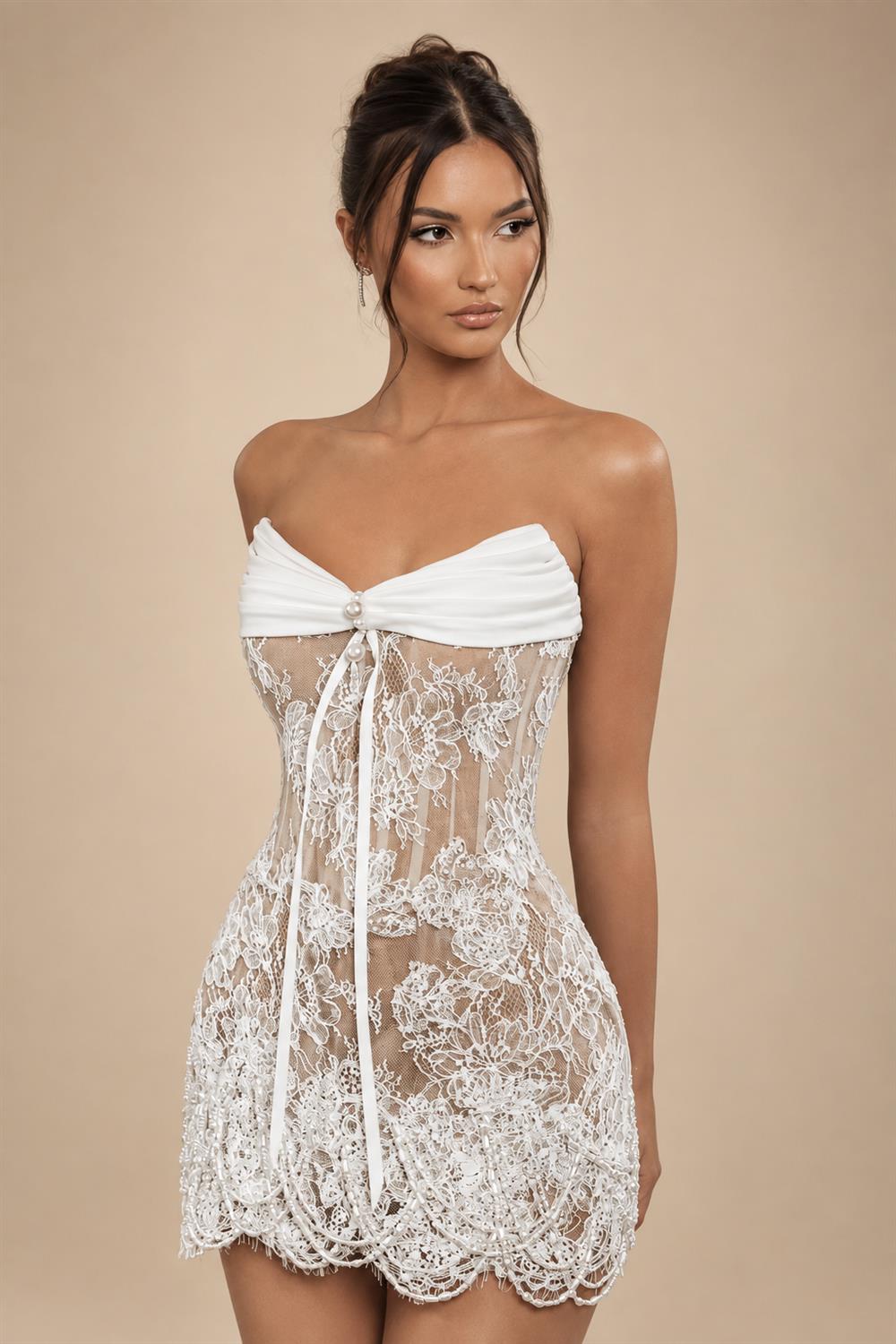 White Strapless Sheer Lace Corset Mini Wedding Dress ZP002