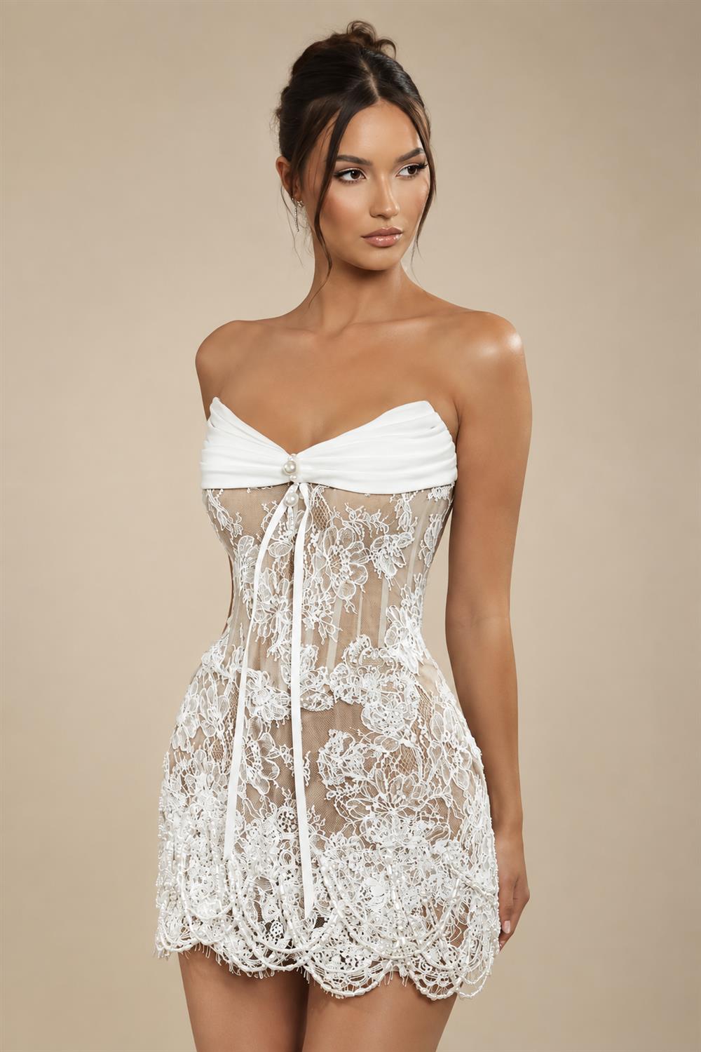 White Strapless Sheer Lace Corset Mini Wedding Dress ZP002
