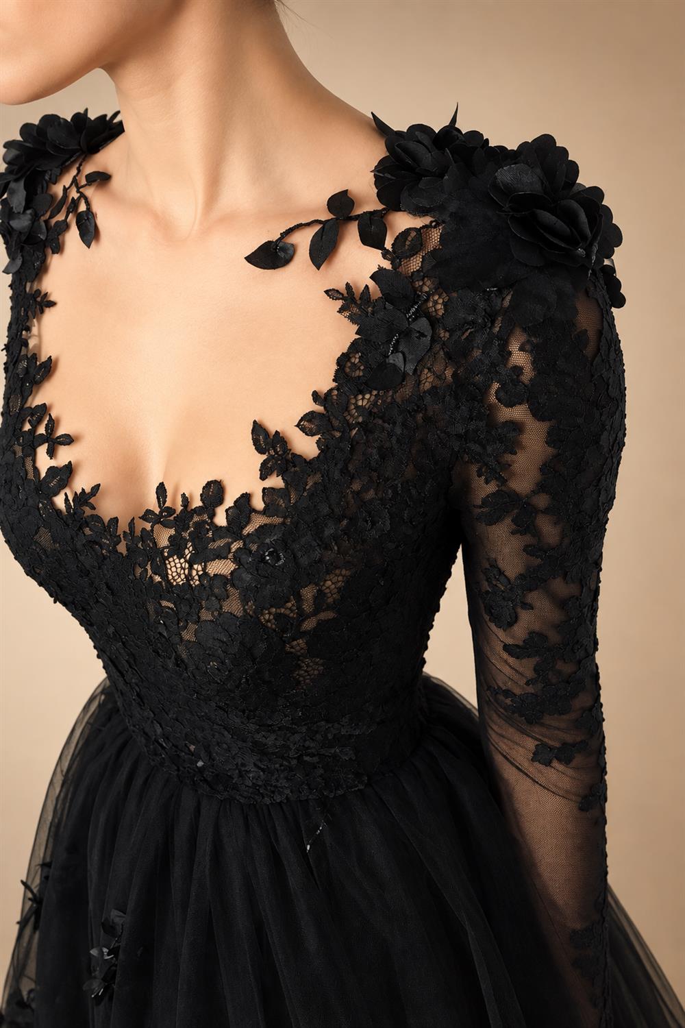 Black Luxury Gothic Wedding Dress 3D Floral Lace Tulle Sweep Train ZP026