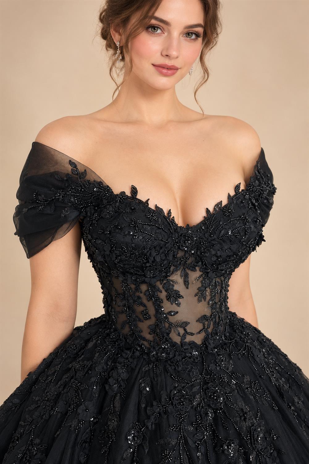 Black Luxury Gothic Wedding Dress  Sheer Corset 3D Floral Tulle  ZP027