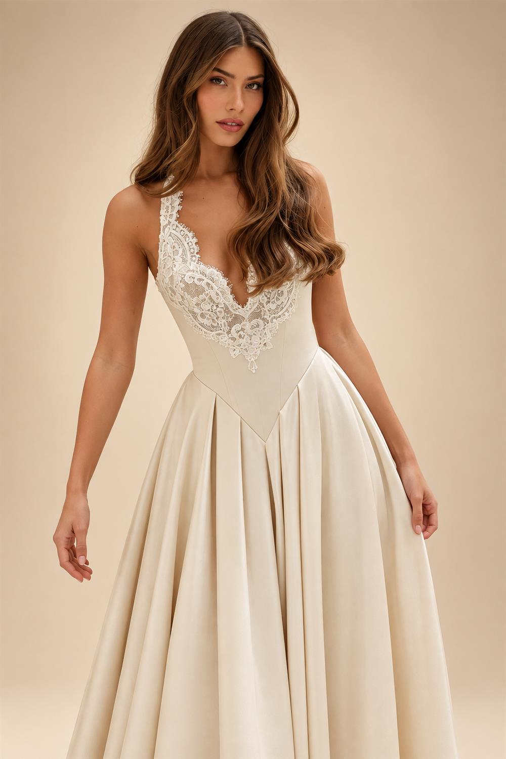Luxury Spaghetti Strap V-Neck Lace Satin A-Line Wedding Dress with Veil ZP040