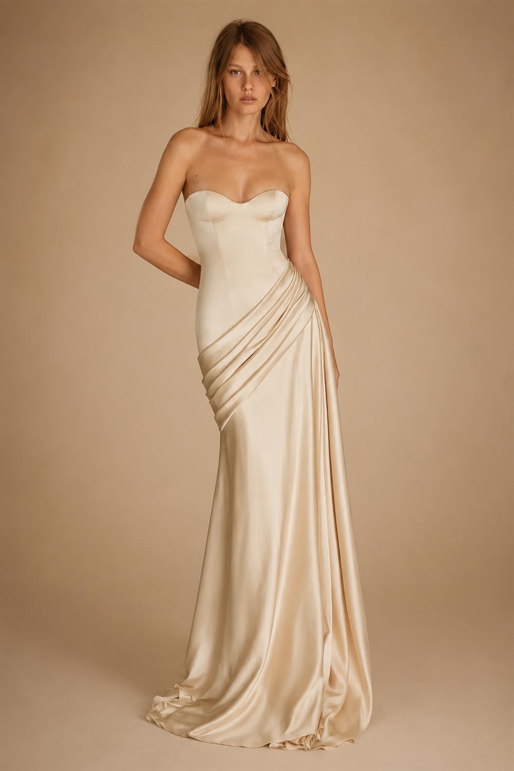 Elegant Strapless Sweetheart Draped Satin Mermaid Wedding Dress ZP042