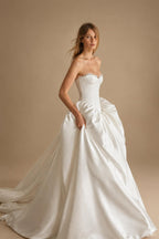 Minimalist Strapless Lace Trim Corset Satin Ball Gown Wedding Dress ZP043