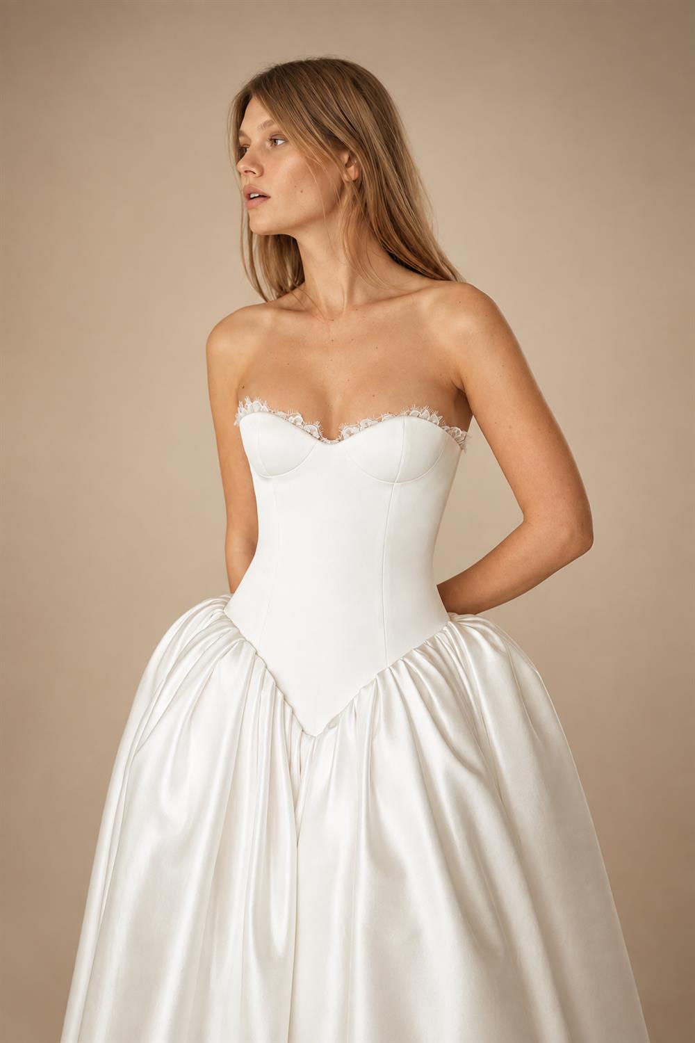 Minimalist Strapless Lace Trim Corset Satin Ball Gown Wedding Dress ZP043