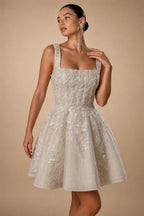 Romantic Champagne Sleeveless A-Line Short Wedding Dress with Deep V Back ZP046