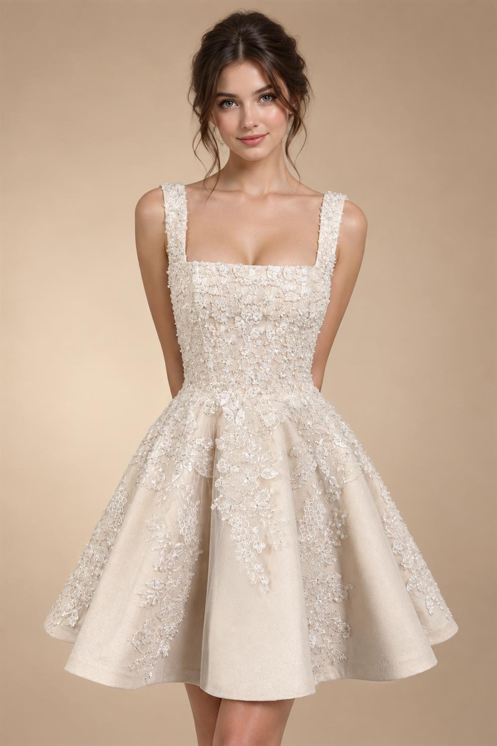 Romantic Champagne Sleeveless A-Line Short Wedding Dress with Deep V Back ZP046