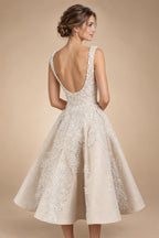 Romantic Champagne Sleeveless A-Line Short Wedding Dress with Deep V Back ZP046