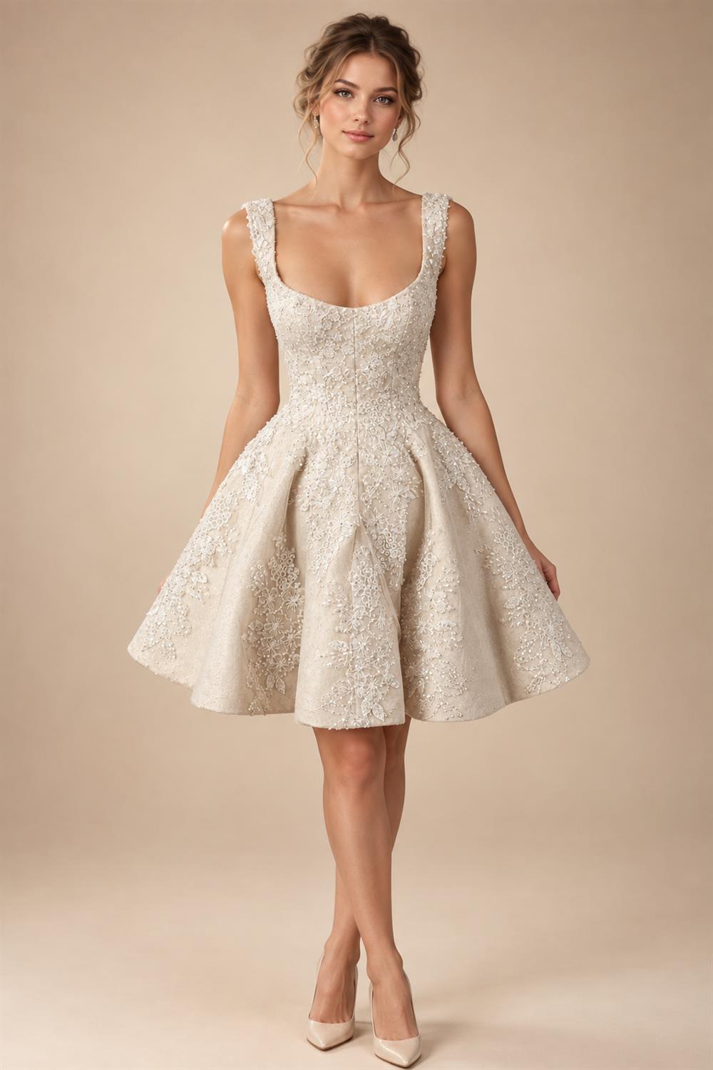 Romantic Champagne Sleeveless A-Line Short Wedding Dress with Deep V Back ZP046