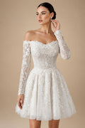 Elegant Off White Off-the-Shoulder Lace Short Wedding Dress ZP048