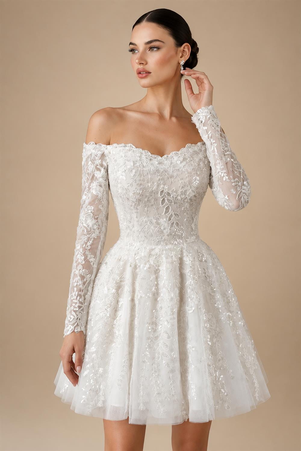Elegant Off White Off-the-Shoulder Lace Short Wedding Dress ZP048
