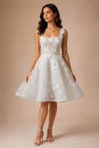 Luxury Off White 3D Floral Appliqué Short Wedding Dress with Sparkle Tulle ZP049