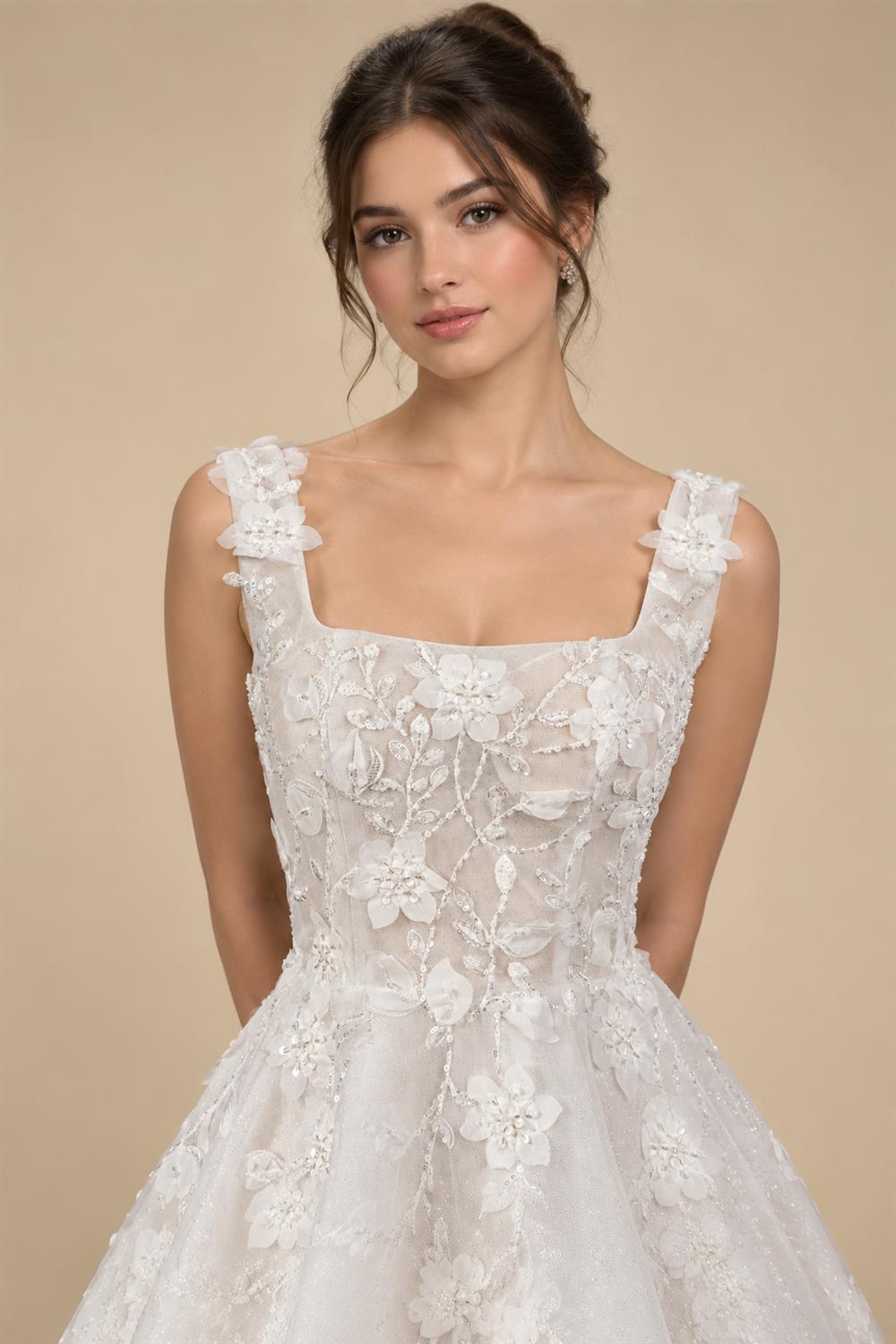 Luxury Off White 3D Floral Appliqué Short Wedding Dress with Sparkle Tulle ZP049