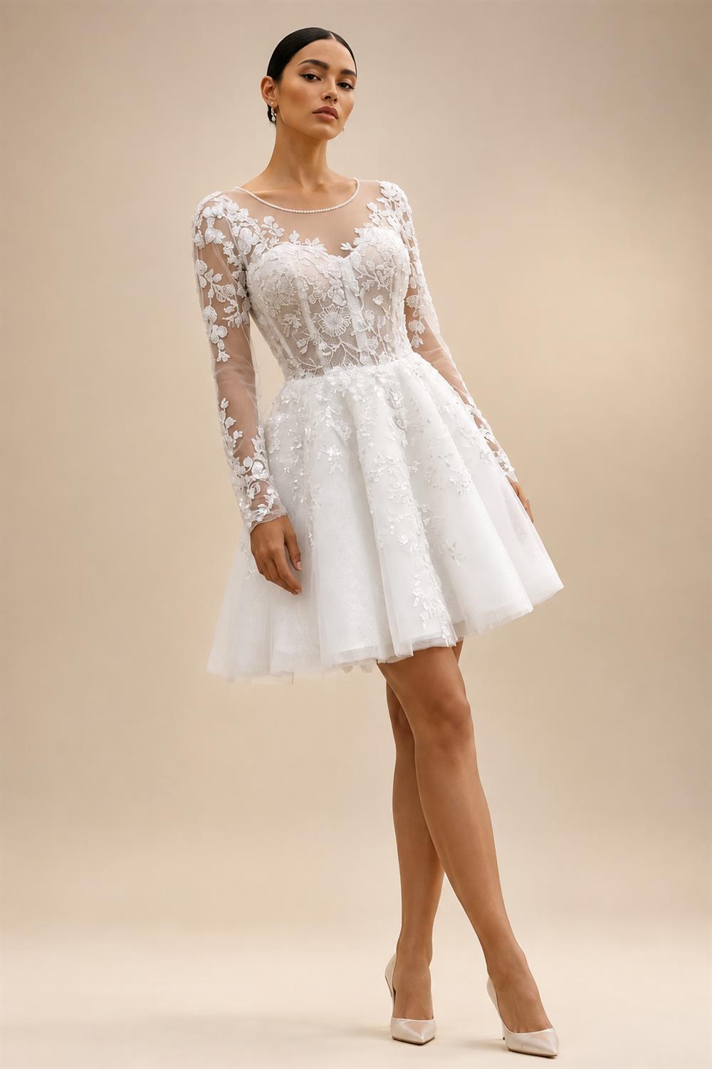 Elegant Off White Long Sleeve Lace Short Wedding Dress ZP050