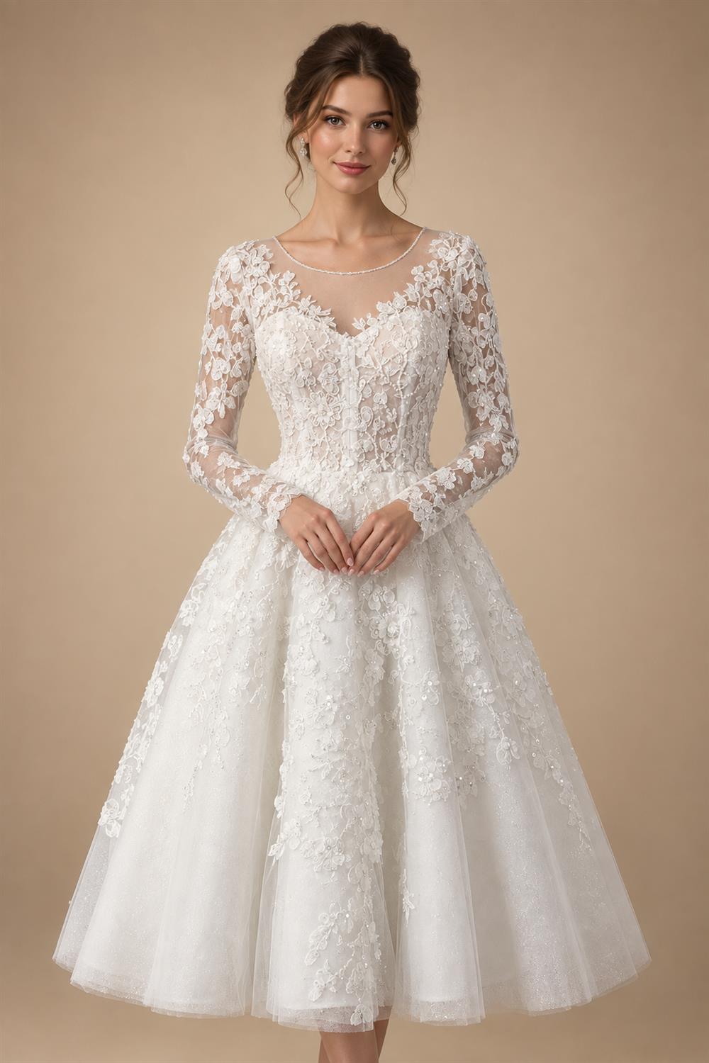 Elegant Off White Long Sleeve Lace Short Wedding Dress ZP050