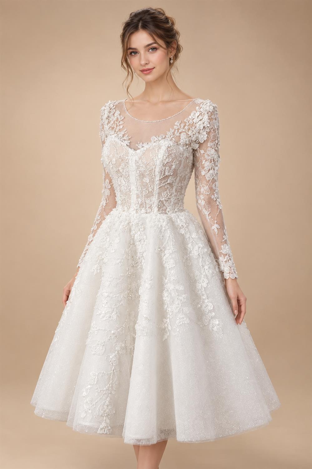 Elegant Off White Long Sleeve Lace Short Wedding Dress ZP050