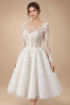 Elegant Off White Long Sleeve Lace Short Wedding Dress ZP050