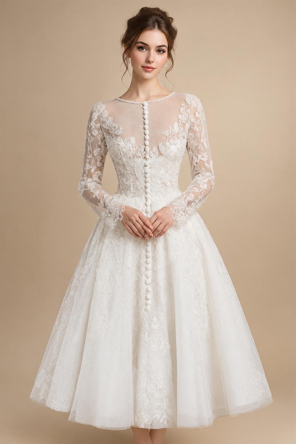 Elegant Off White Long Sleeve Lace Short Wedding Dress ZP050