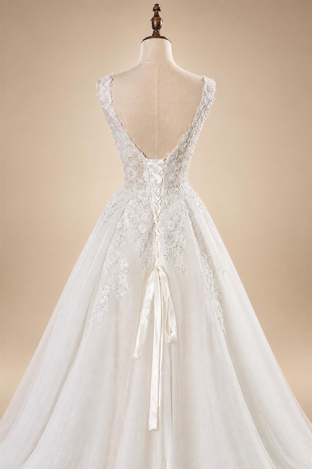 Dreamy White Glitter Tulle Wedding Dress with Lace Bodice and Corset Back ZP054