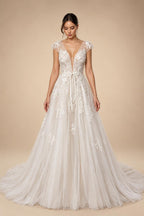 Elegant Ivory V-Neck Cap Sleeve A-Line Lace Tulle Wedding Dress ZP055