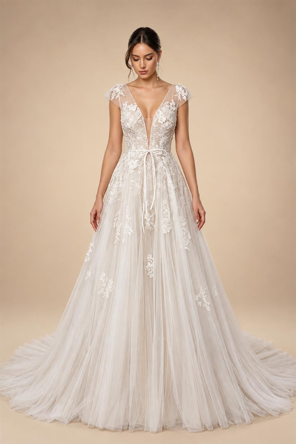 Elegant Ivory V-Neck Cap Sleeve A-Line Lace Tulle Wedding Dress ZP055