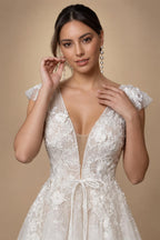 Elegant Ivory V-Neck Cap Sleeve A-Line Lace Tulle Wedding Dress ZP055
