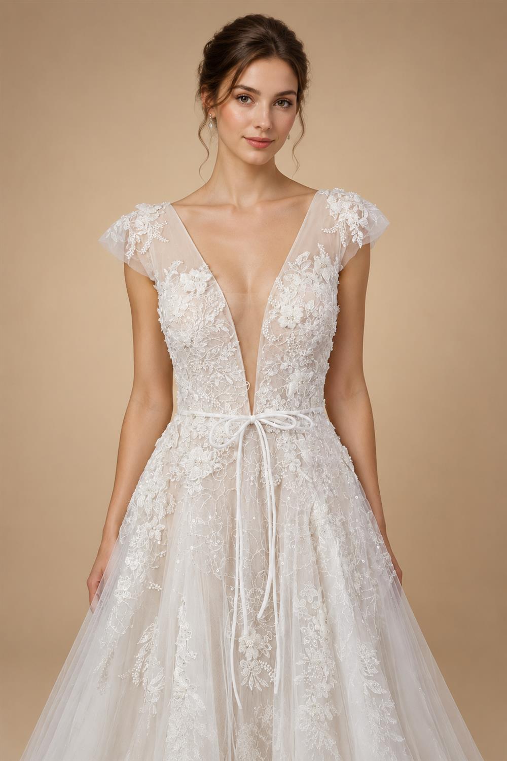 Elegant Ivory V-Neck Cap Sleeve A-Line Lace Tulle Wedding Dress ZP055