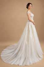 Elegant Ivory V-Neck Cap Sleeve A-Line Lace Tulle Wedding Dress ZP055