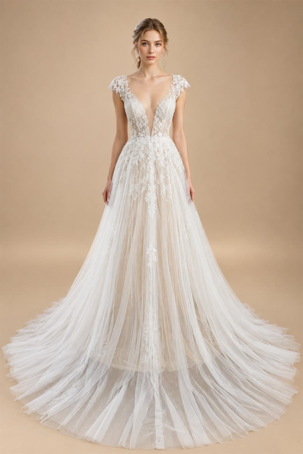 Elegant Ivory V-Neck Cap Sleeve A-Line Lace Tulle Wedding Dress ZP055