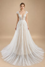 Elegant Ivory V-Neck Cap Sleeve A-Line Lace Tulle Wedding Dress ZP055