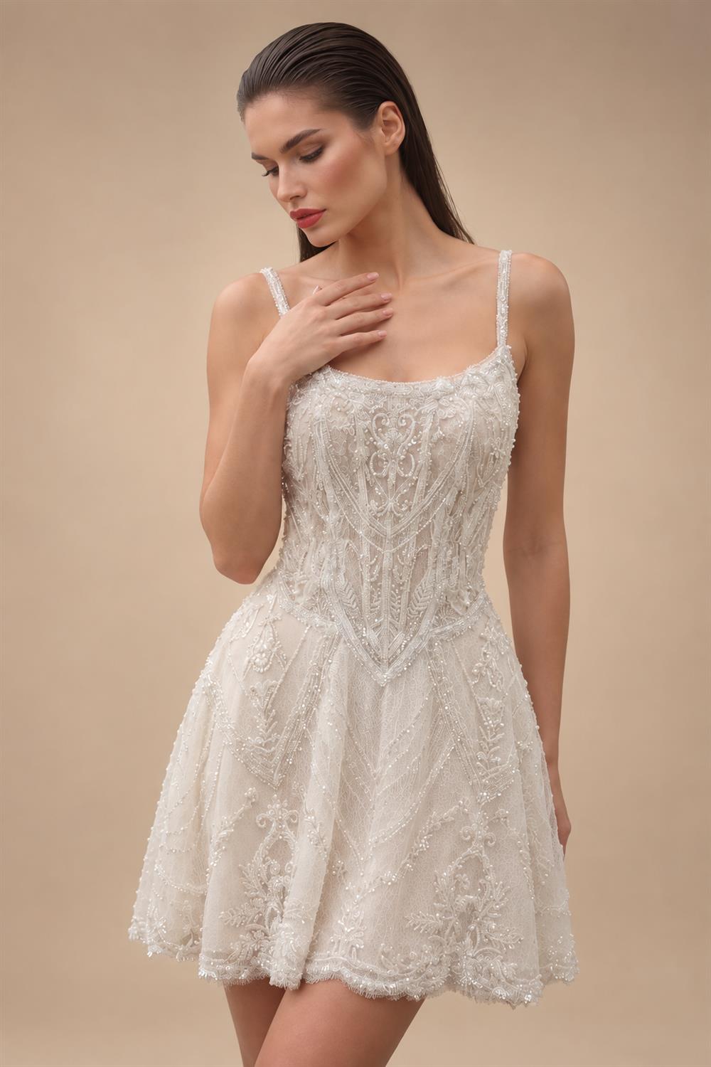 Luxury Ivory Beaded Lace Short Wedding Dress with Lace-Up Corset Back ZP059