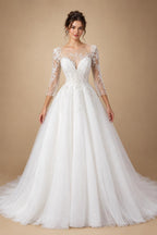 Glamorous White Illusion Neck Lace & Tulle Wedding Dress with Cathedral Train ZP063