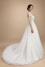 Glamorous White Illusion Neck Lace & Tulle Wedding Dress with Cathedral Train ZP063