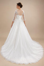Glamorous White Illusion Neck Lace & Tulle Wedding Dress with Cathedral Train ZP063